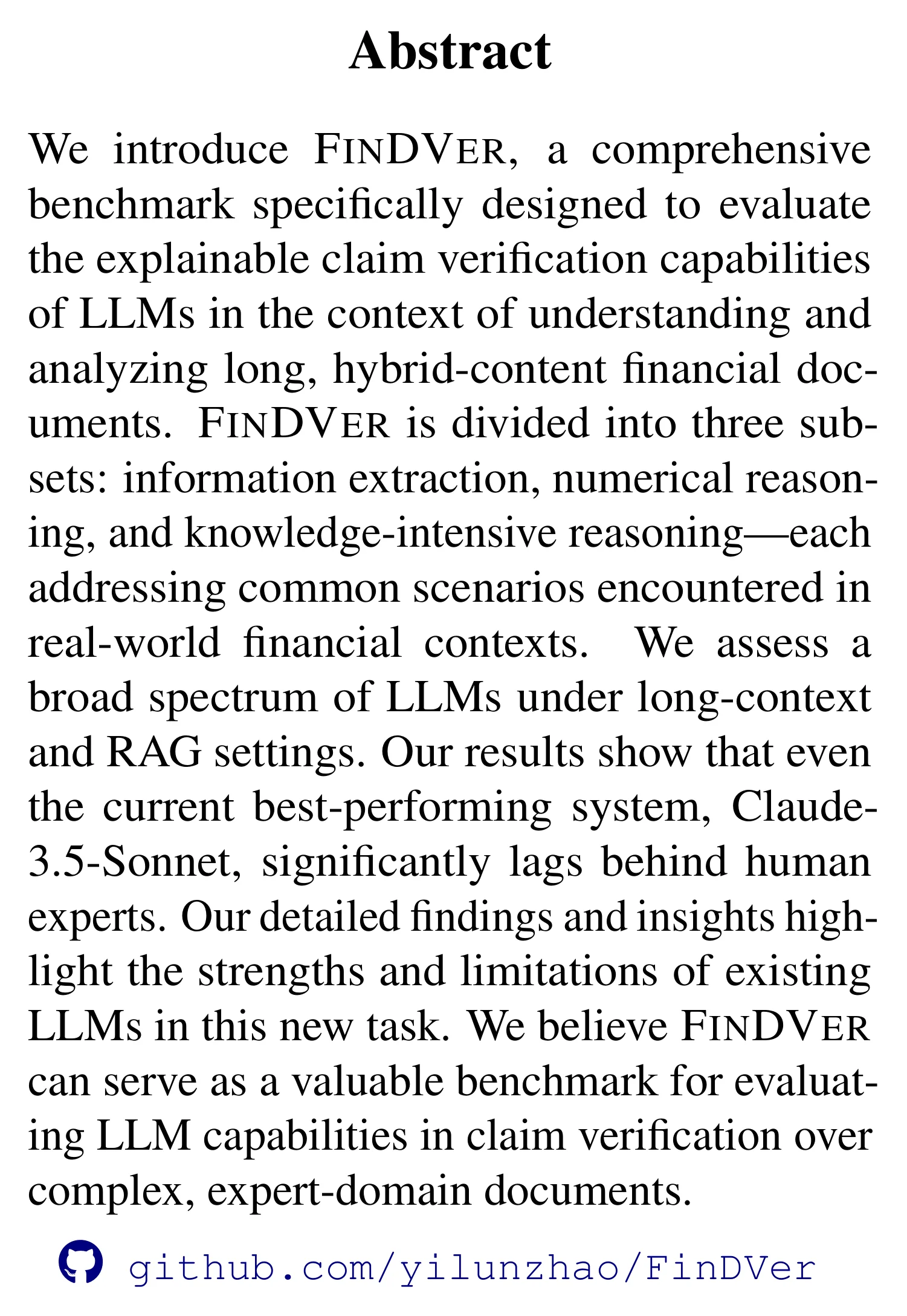Complete abstract from FinDVer: Explainable Claim Verification over Long and Hybrid-content Financial Documents.