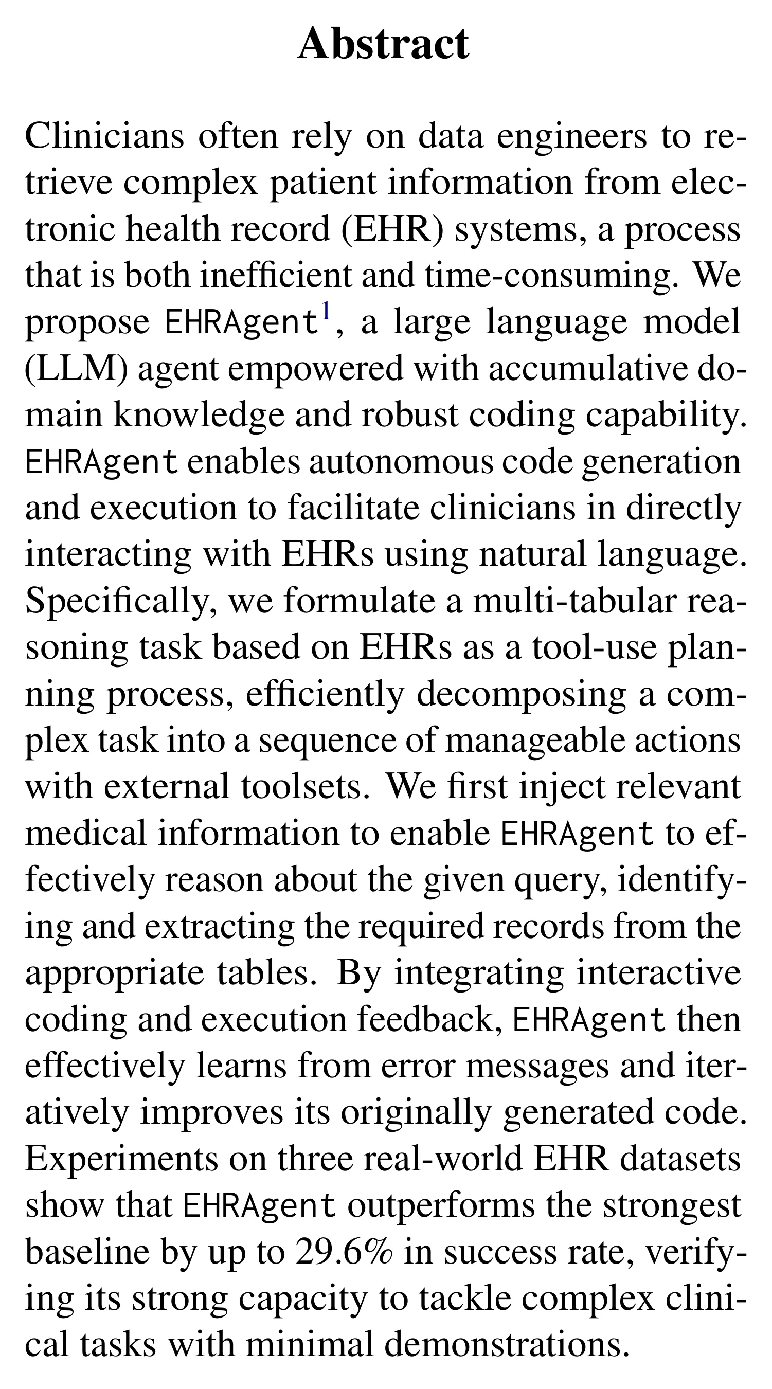 Complete abstract from EHRAgent: Code Empowers Large Language Models for Few-shot Complex Tabular Reasoning on Electronic Health Records.