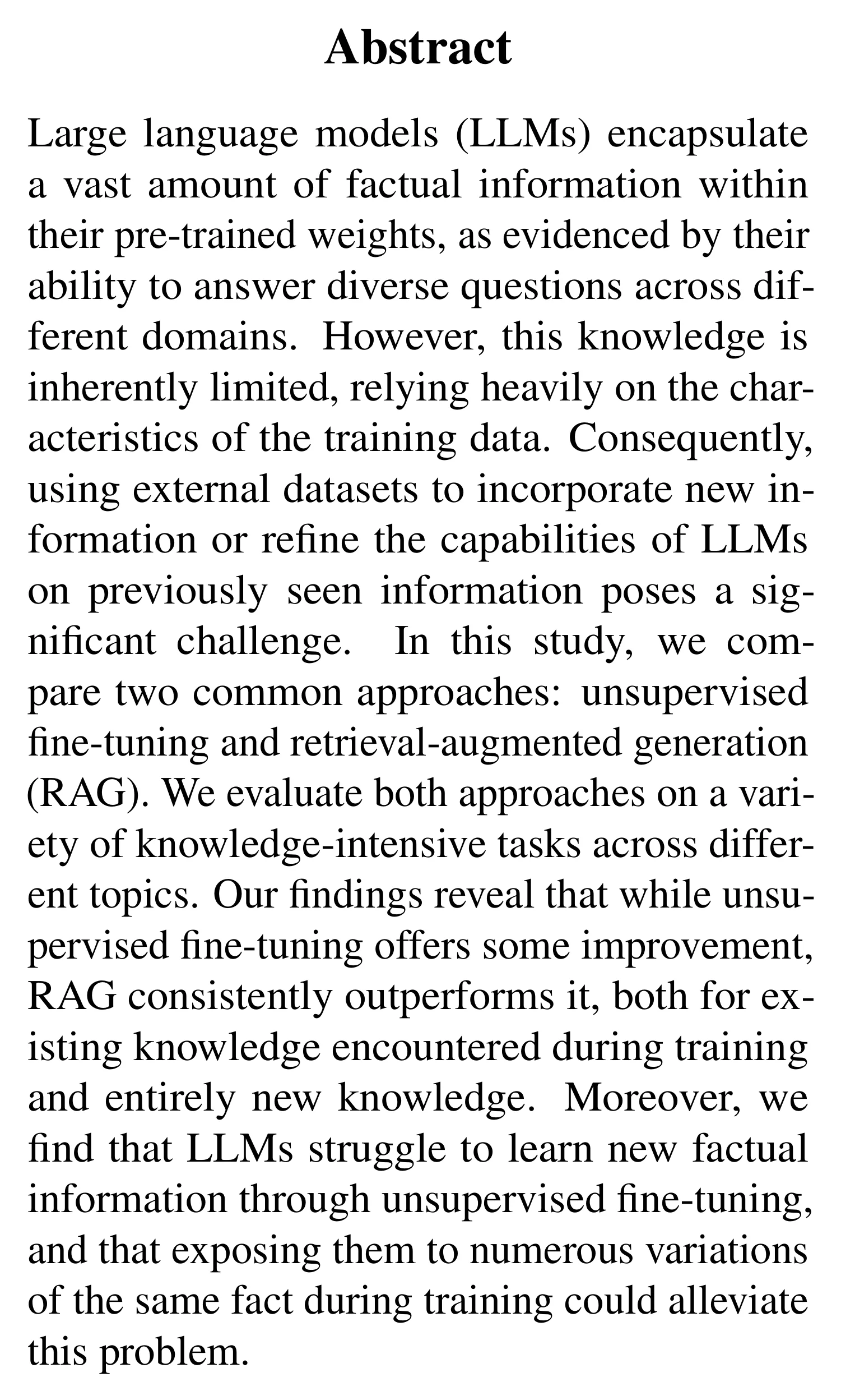 Complete abstract from Fine-Tuning or Retrieval? Comparing Knowledge Injection in LLMs.