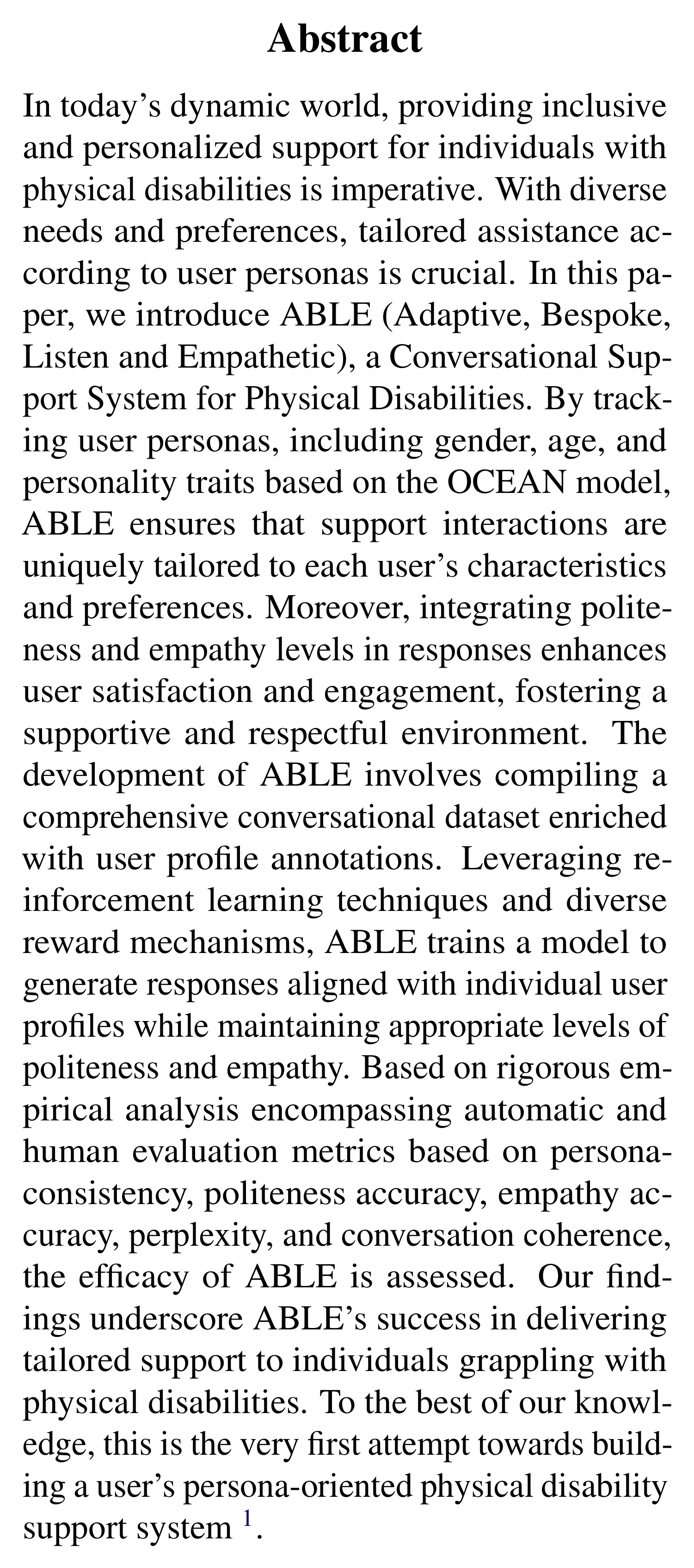 Complete abstract from ABLE: Personalized Disability Support with Politeness and Empathy Integration.
