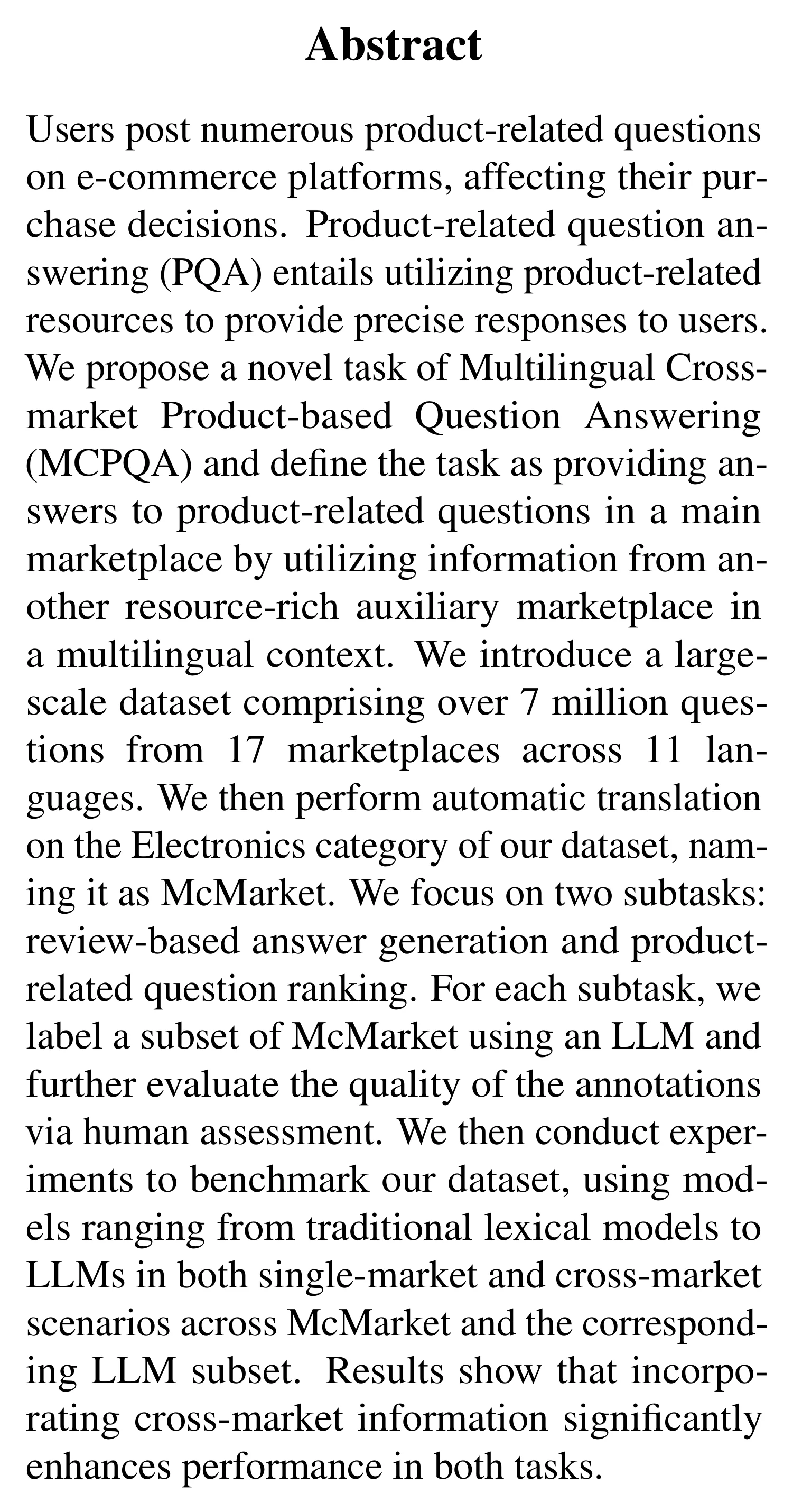 Complete abstract from Unlocking Markets: A Multilingual Benchmark to Cross-Market Question Answering.