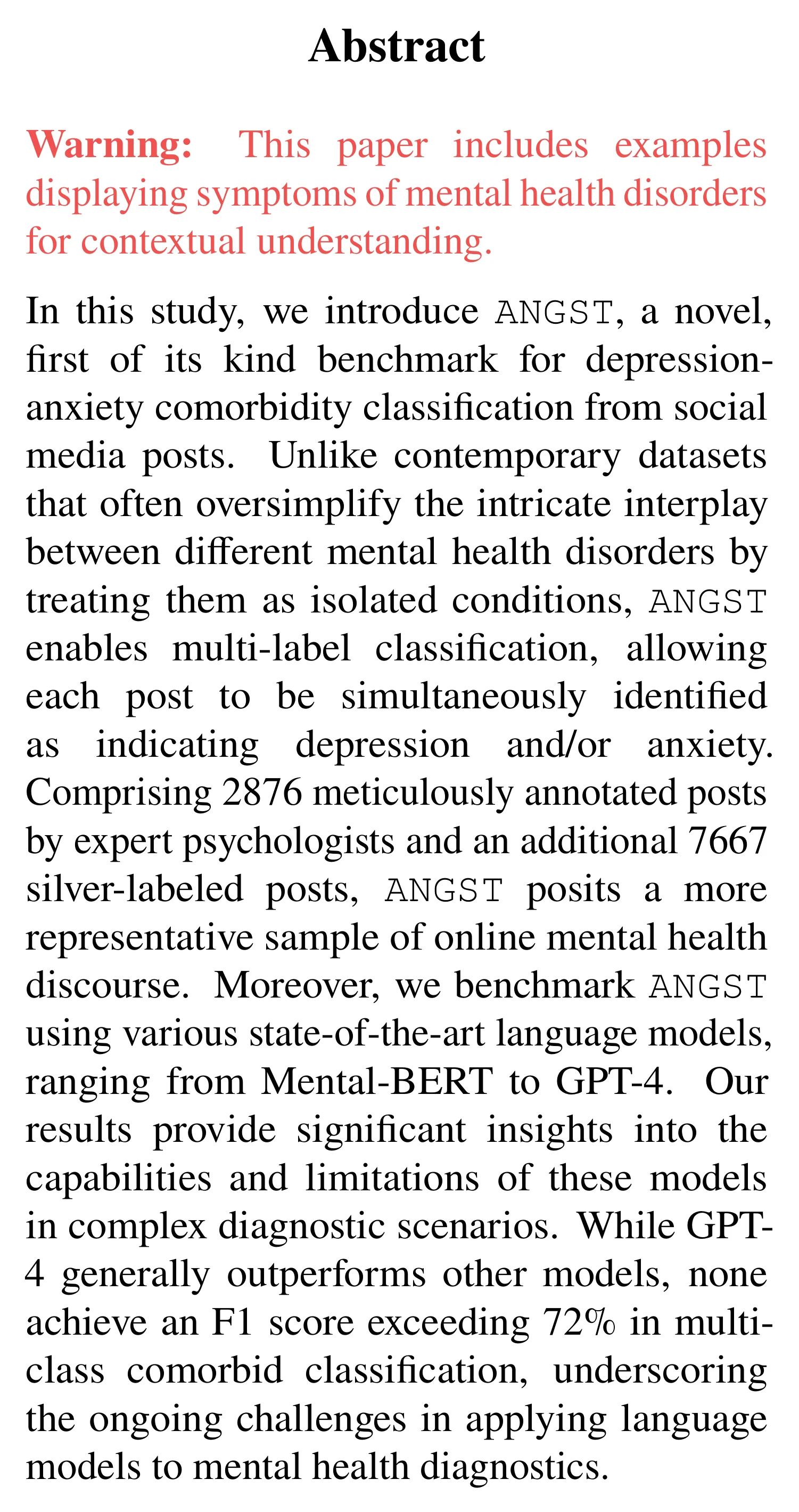Complete abstract from Still Not Quite There! Evaluating Large Language Models for Comorbid Mental Health Diagnosis.