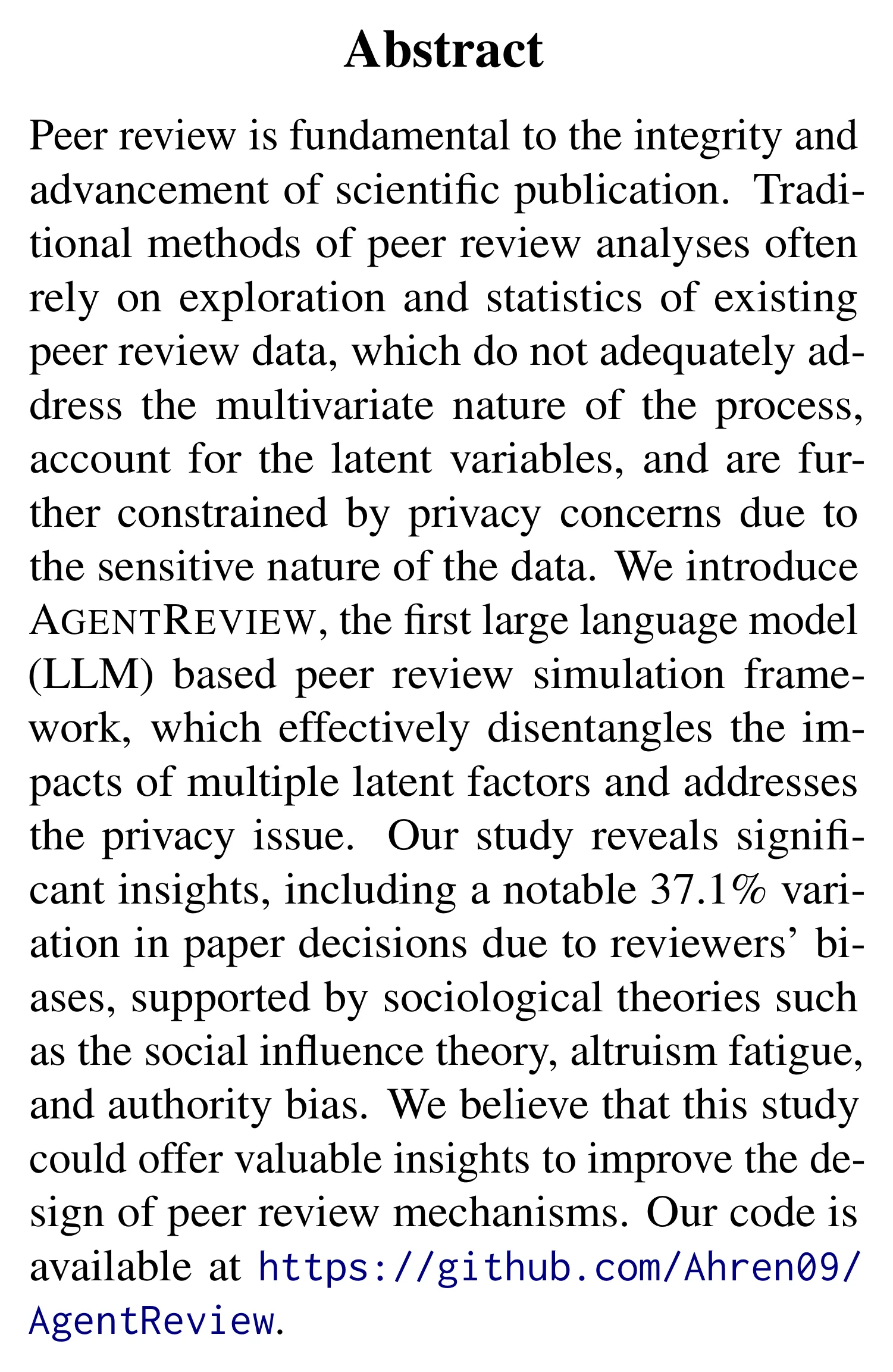 Complete abstract from AgentReview: Exploring Peer Review Dynamics with LLM Agents.