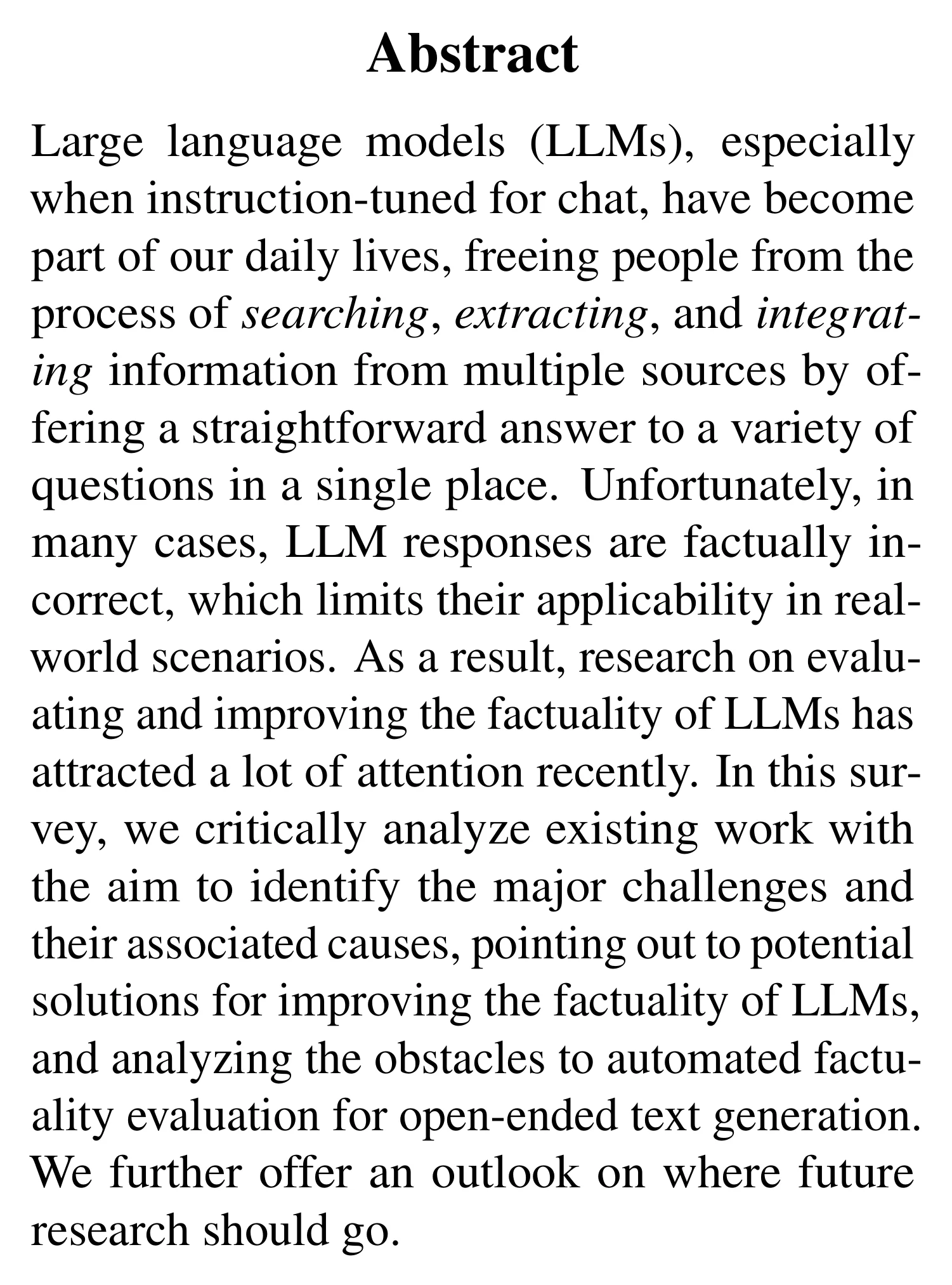 Complete abstract from Factuality of Large Language Models: A Survey.