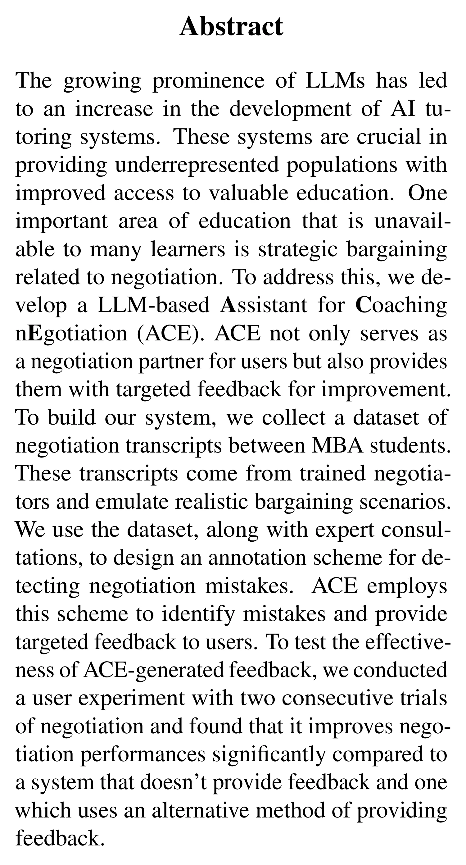 Complete abstract from ACE: A LLM-based Negotiation Coaching System.