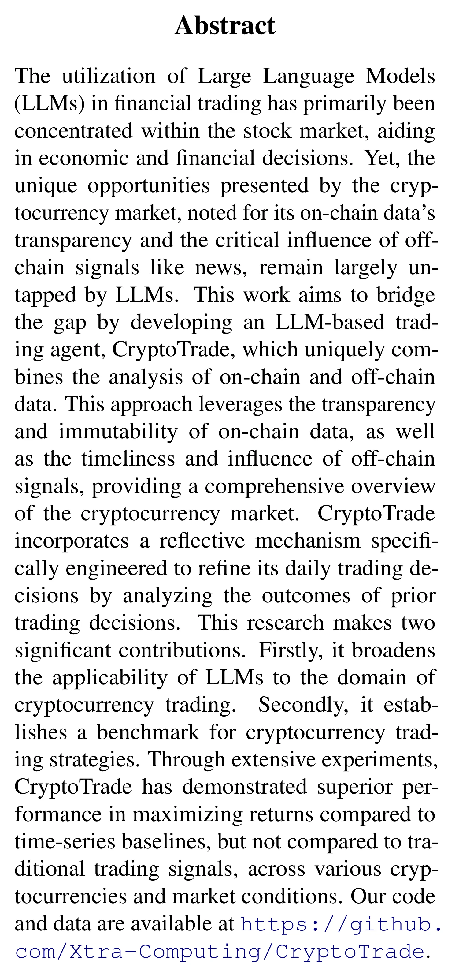 Complete abstract from CryptoTrade: A Reflective LLM-based Agent to Guide Zero-shot Cryptocurrency Trading.