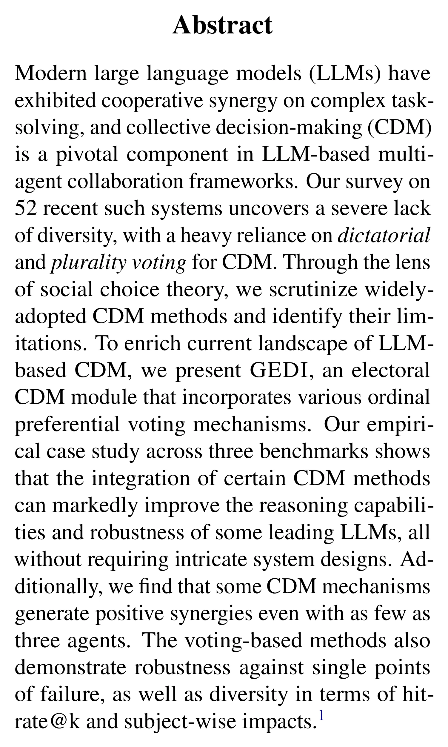 Complete abstract from An Electoral Approach to Diversify LLM-based Multi-Agent Collective Decision-Making.