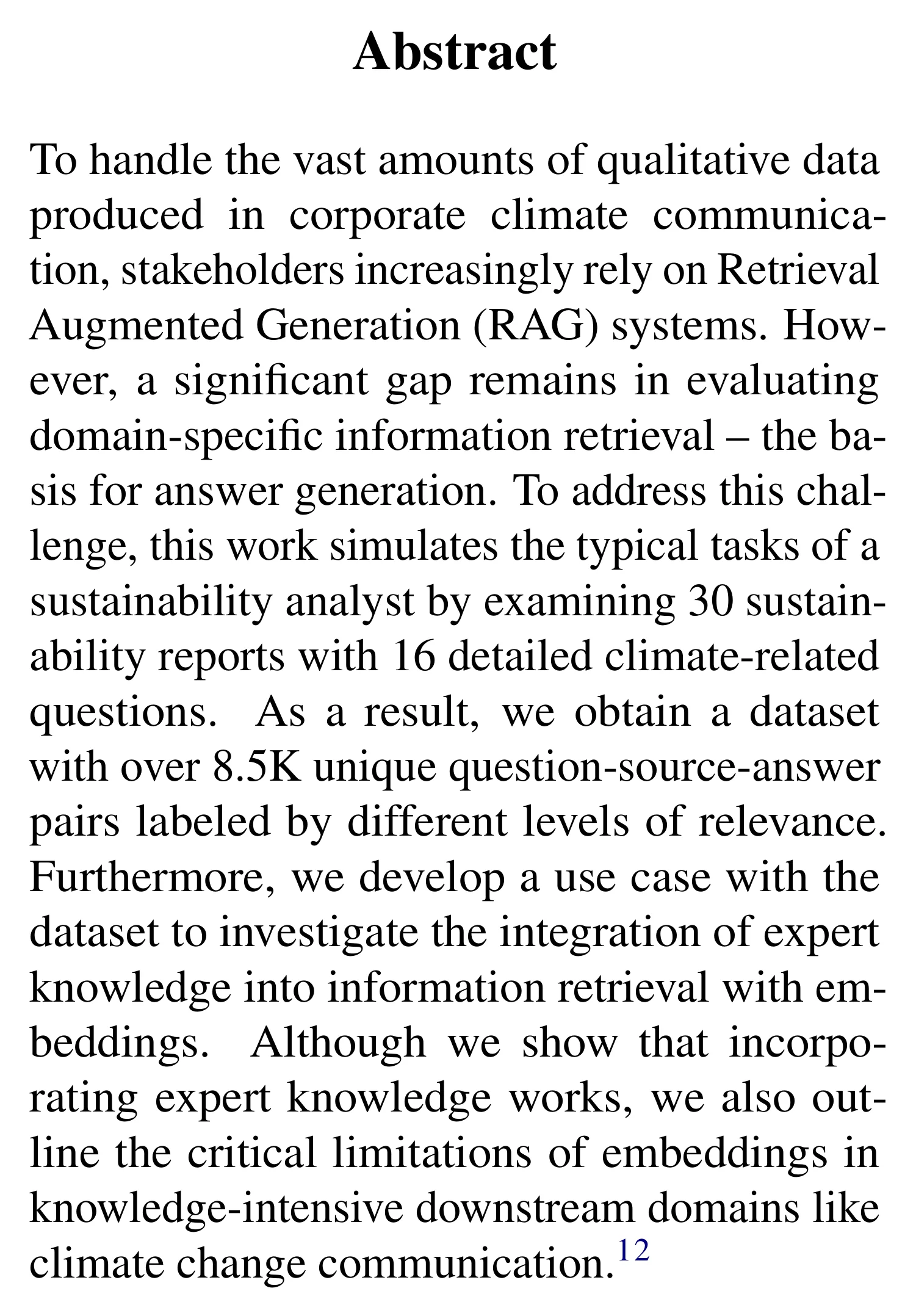 Complete abstract from ClimRetrieve: A Benchmarking Dataset for Information Retrieval from Corporate Climate Disclosures.