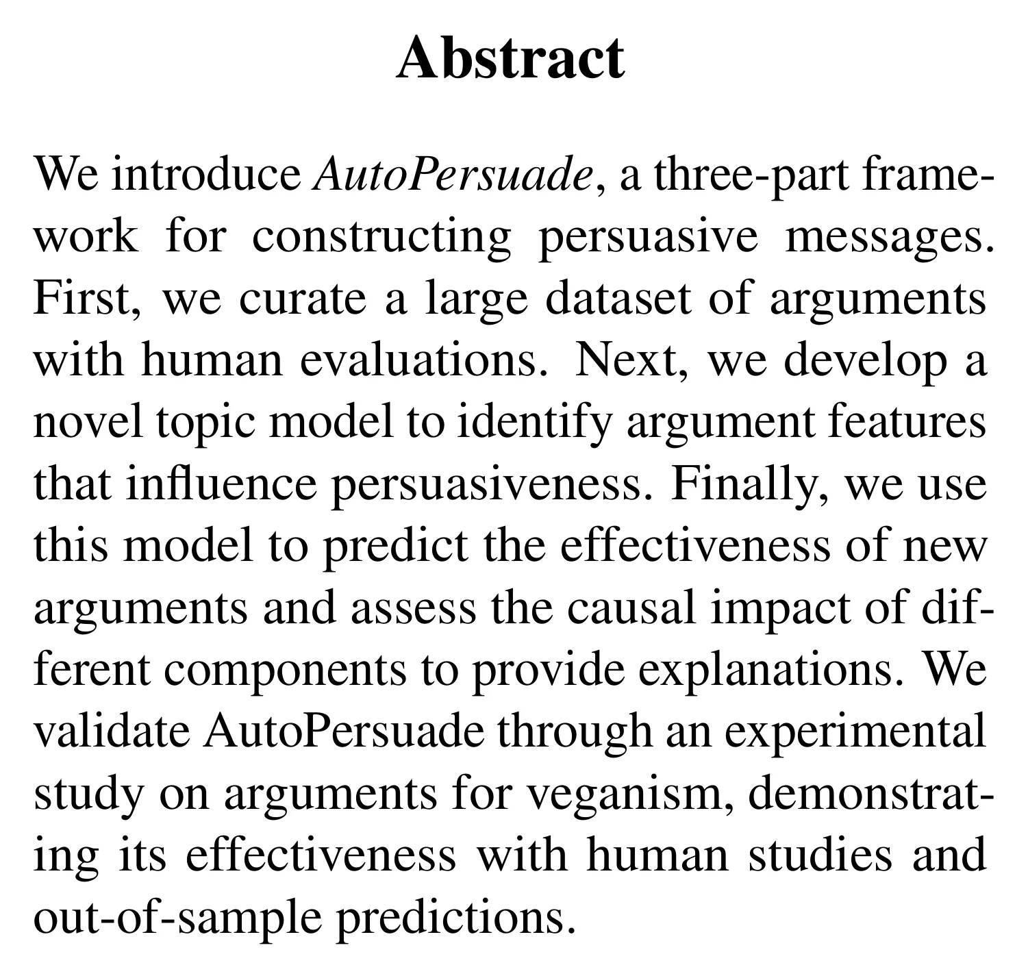 Complete abstract from AutoPersuade: A Framework for Evaluating and Explaining Persuasive Arguments.
