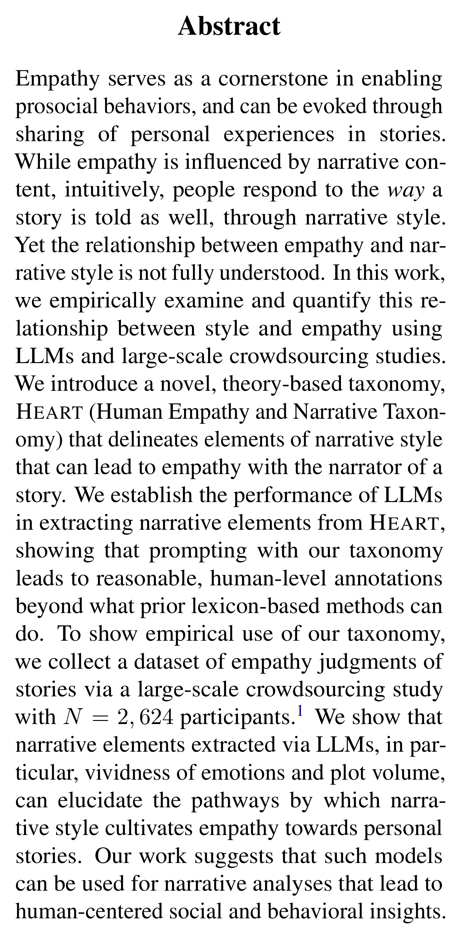 Complete abstract from HEART-felt Narratives: Tracing Empathy and Narrative Style in Personal Stories with LLMs.