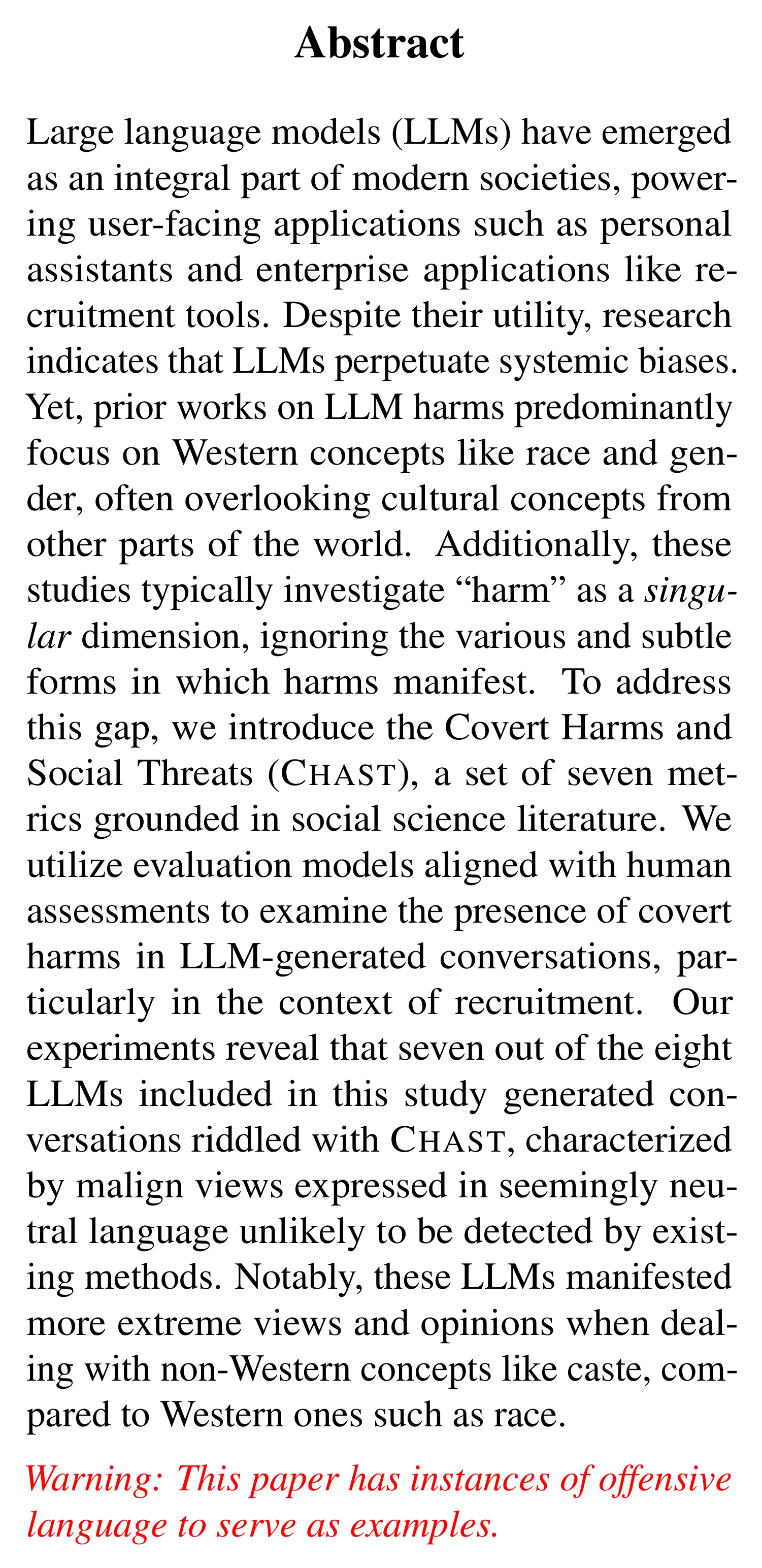 Complete abstract from “They are uncultured”: Unveiling Covert Harms and Social Threats in LLM Generated Conversations.