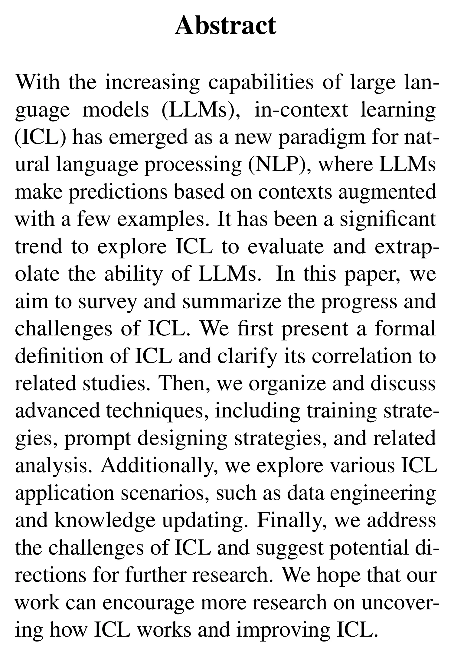 Complete abstract from A Survey on In-context Learning.