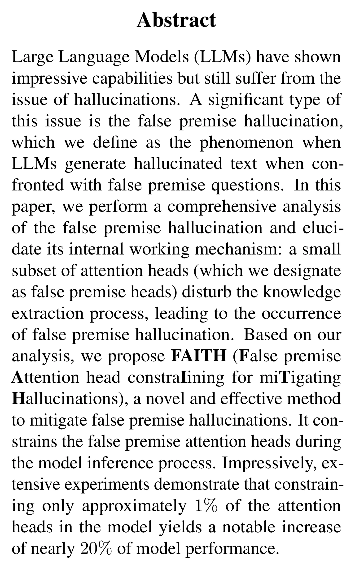 Complete abstract from Whispers that Shake Foundations: Analyzing and Mitigating False Premise Hallucinations in Large Language Models.