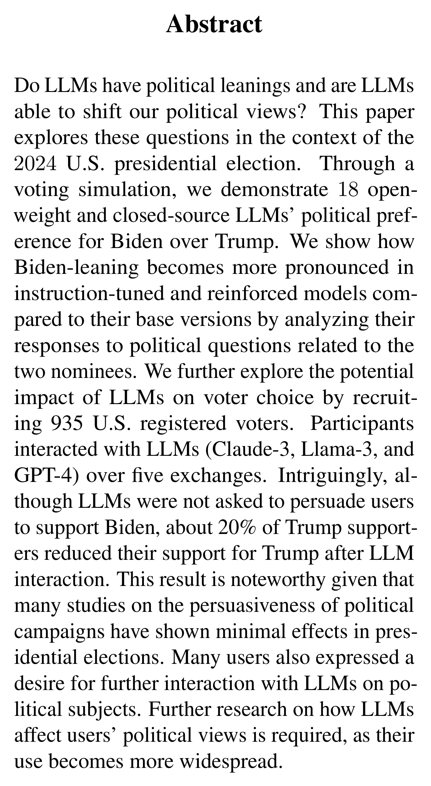 Complete abstract from Hidden Persuaders: LLMs’ Political Leaning and Their Influence on Voters.