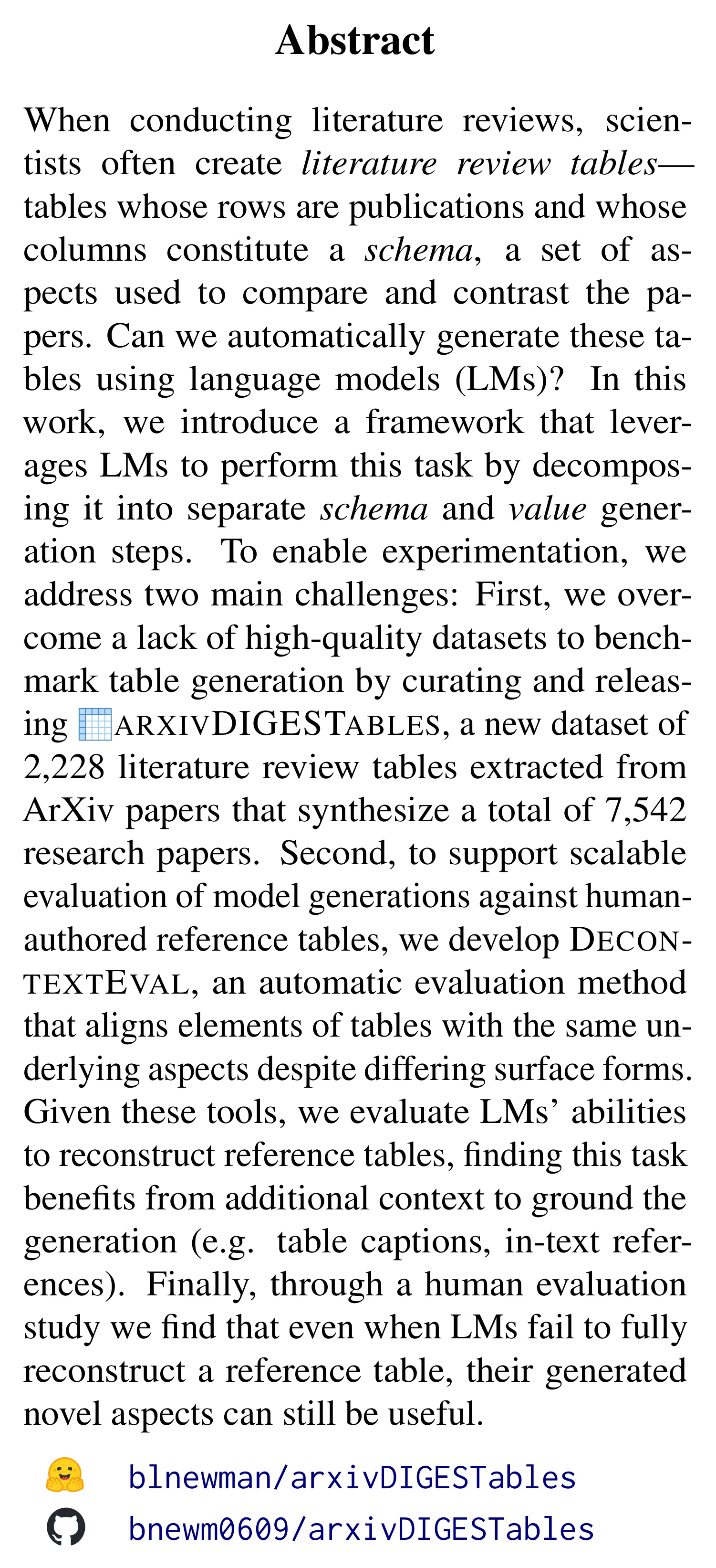 Complete abstract from ArxivDIGESTables: Synthesizing Scientific Literature into Tables using Language Models.