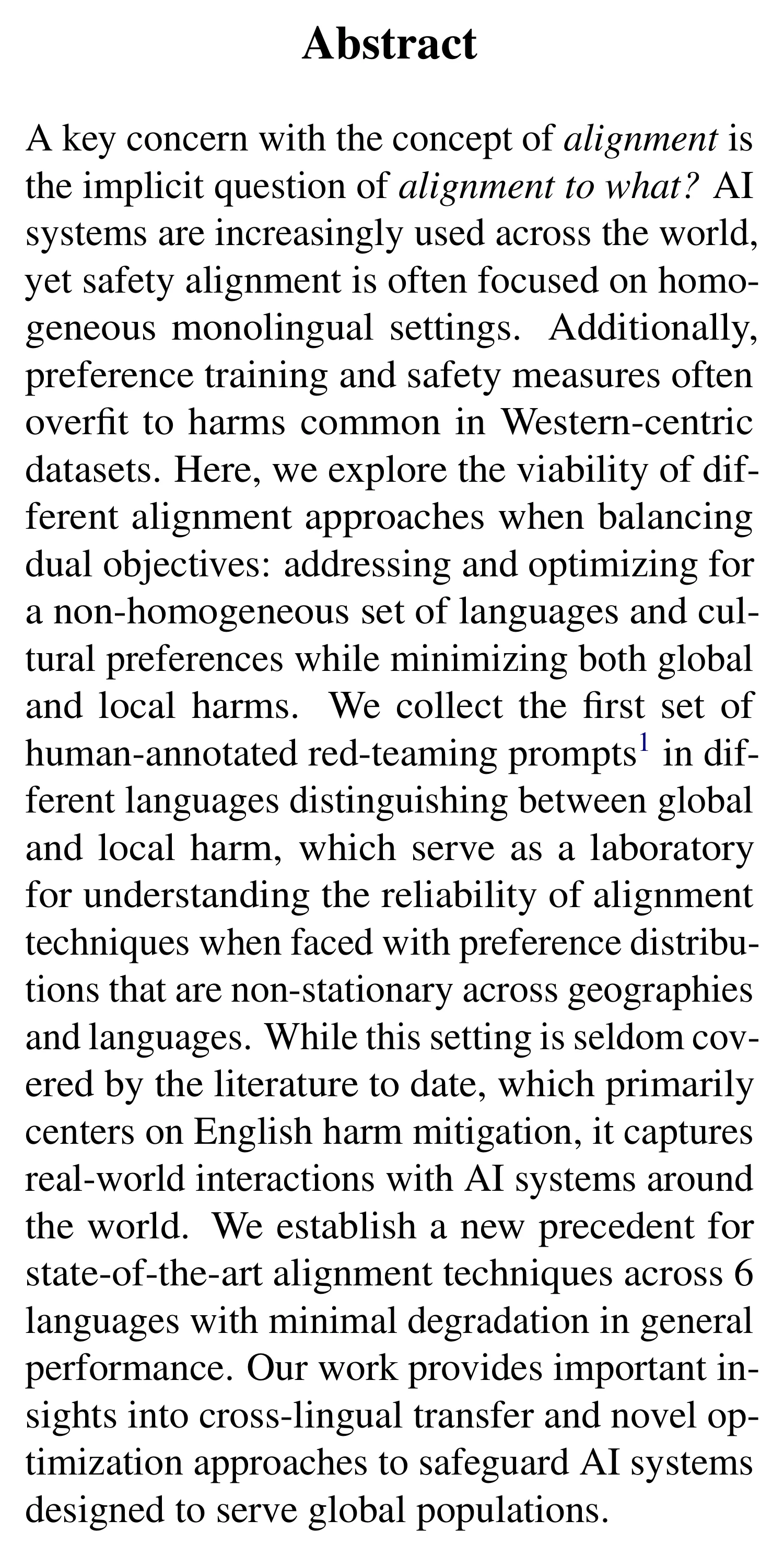 Complete abstract from The Multilingual Alignment Prism: Aligning Global and Local Preferences to Reduce Harm.